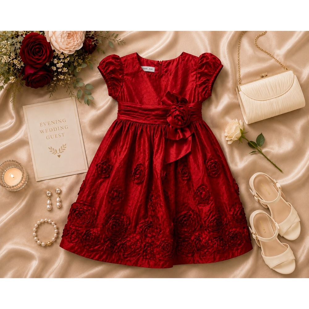 Bonnie Jean Girls Red Rosette Taffeta Occasion Evening Dress 3T Wedding‎ Cruise